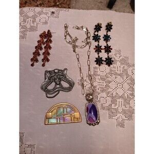 Vintage Jewelry Lot - Ana Sui Earrings Monet Brooch Art Nouveau Belt Buckle